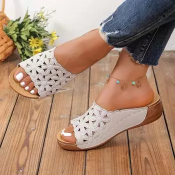 Women s Slippers Hollow Slope Bottom Casual Shoes 2024 New Flower Hollow Open Toe Summer Fashion Simple Women s Slippers Slip On 36 белый