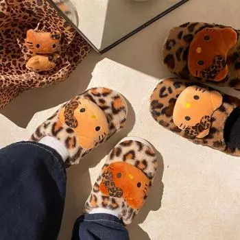 Women s Slippers Leopard Cat 2024 Winter New Cartoon Home Couple Warm Non Slip Plush Cotton Slippers Thick Soled Floor Slippers 36-37