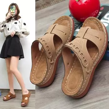 Women s slippers outer wear 2025 summer new fashion round head comfortable cool step line casual open toe 36 чёрный