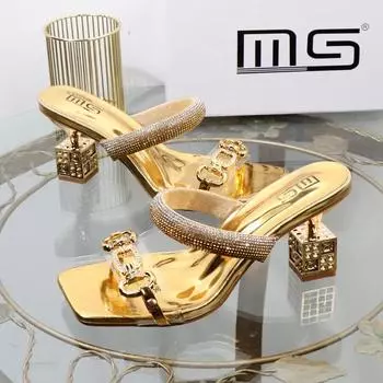 Women s Slippers Summer Fashion Transparent Belt Metal Decoration Box Shaped Square Alien Heel High Heels Wearing Sandals 35 золотой