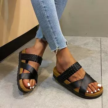 Women s Slippers Summer New 2024 Woven Retro Cross Tie Slingback Flip Flops Casual Open Toe Platform Beach Non-slip Slides Mujer 35 жёлтый