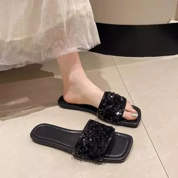 Women s Slippers Summer Sandals Fashion Open-toed Sandals Outdoor Casual Party Shimmering Comfortable Beach Shoes 35 чёрный