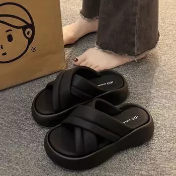 Women s slippers wear black thick bottom in summer, step on shit feeling 2024 new versatile casual and comfortable advanced sandals 35 чёрный