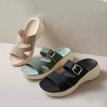 Женские тапочки на танкетке, толстые подошвы, модные повседневные домашние и уличные пляжные сандалии, шлепанцы, широкие полоски, римские тапочки 35 зелёный