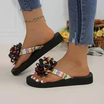 Women s Slippers with Low Heel and Sloping Heel 2024 Flower Mixed Color Open Toe Simple Casual Slippers, New Women s Slippers 37 разноцветный