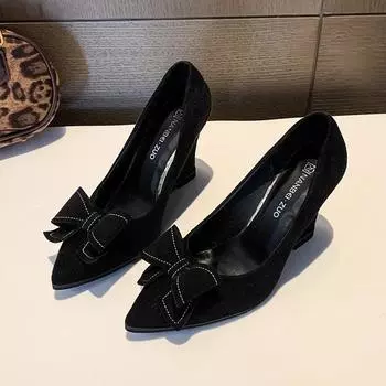 Женские туфли на танкетке, осенние новинки, с острым носком, с мелким вырезом, с бантом-бабочкой, противоскользящие, износостойкие, на высоком каблуке 35