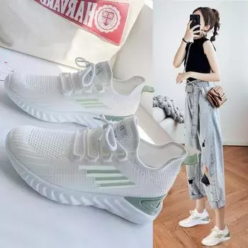 Женские белые туфли, летние, толстые подошвы, увеличивающие рост, повседневная спортивная обувь 34 белый/зелёный