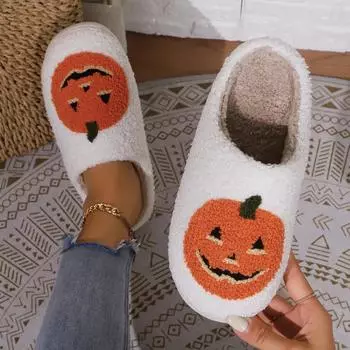 Women s Smile Pumpkin Halloween Men Slippers Winter Indoor Cartoon Comfort Home Bedroom Soft Causal Flat Plush Shoes 36