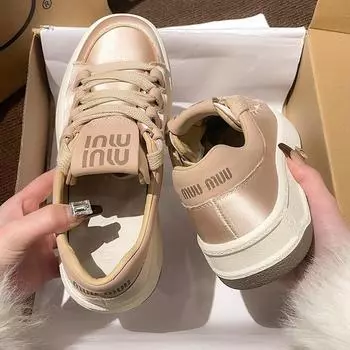 Women s Sneakers White Shoes 2024 New Autumn Thick Soled Casual Platform Comfort Lace Up Anti Slip Running Gold Skateboard Shoes 35 золотой