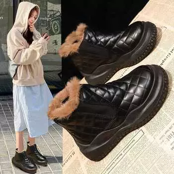 Женские зимние ботинки с флисовой подкладкой, утолщенные осенние и зимние полусапожки, северо-восточная хлопковая подкладка, водонепроницаемые, нескользящие, теплые, без застежек, ботинки для хлеба 35