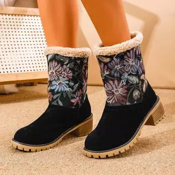 Women s snow boots suede autumn and winter new thick-soled waterproof table thick heel high heel warm cotton shoes ethnic splicing medium boots 35 чёрный