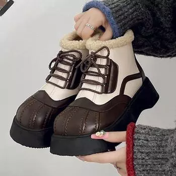 Women s Snow Boots Winter Warm Plush Lace-up 2024 Hot Sale Mid Heel Water Proof Round Head Casual Comfortable Ladies Boots 35 чёрный