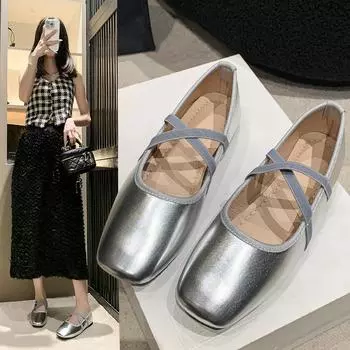 Women s Soft Silver Dance Shoes Summer New French Shallow Mouth Retro Square Toe Flat Shoes 36 золотой