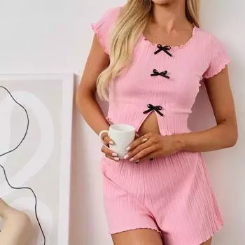 Women s solid bow Pajamas Set Ruffle Short Sleeve Top And Shorts Sleepwear 2 Piece Set For Women 2025 Summer Casual Homewear Set S