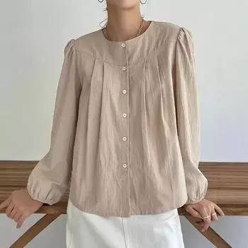 Women s Solid Button Up Round Neck Shirt Elegant Female Long Sleeve Blouses Shirts S хаки