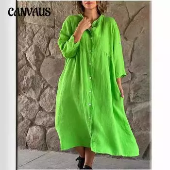 Женское однотонное повседневное длинное платье с воротником-стойкой и пуговицами S зелёный