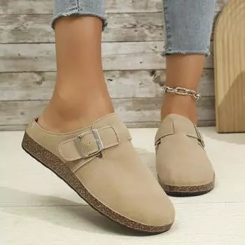 Women s Solid Color Flat Mules, Casual Closed Toe Slip On Shoes, Comfortable Buckle Strap Design Shoes 36 хаки