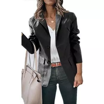 Women s solid color long-sleeved lapel button slim leather blazer L чёрный