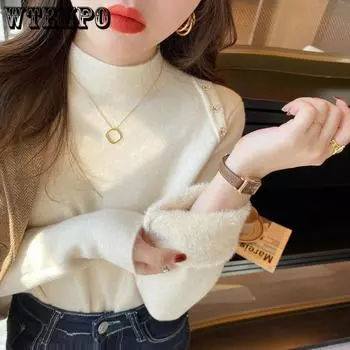 Women s Solid Color Long Sleeved Pullover Sweater with Added Velvet and Thick Thickness Fashionable Casual Knitted Sweater for Autumn and Winter S чёрный