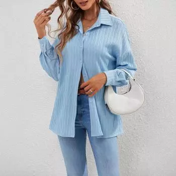 Women s solid color sleeve long lapel wrinkled casual shirt L синий