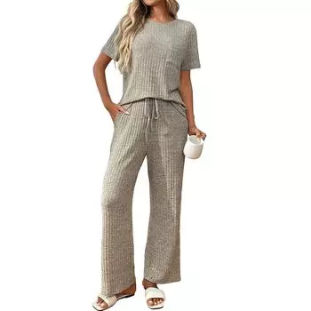 Women s Solid-color Striped Pajamas with Round Collars, Short Sleeves and Long Pants, Home Wear Set S