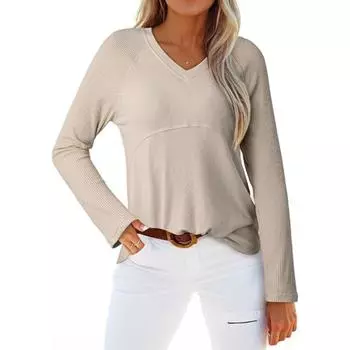 Women s Solid Color V Neck Long Sleeved Top L бежевый
