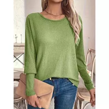 Women s Solid Colour Round Neck Hollow Out Pullover Top S зелёный