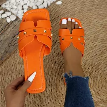 Women s Solid Sandals Casual Personality Rivet Open-toed Flat Bottom Summer Fashion Slippers 36 белый