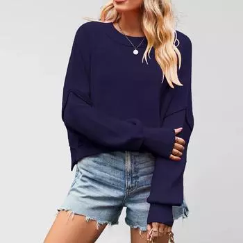 Women s Solid Striped Fashion Round Neck Knitwear Loose Pullover Sweater XL