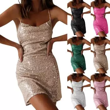 Женские платья на тонких бретельках с блестками, диско-платья, сексуальные блестящие коктейльные вечерние клубные платья, вечерние платья L