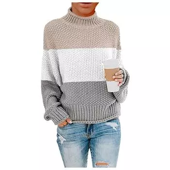 Women s Splicing Sweater Casual Knitting Loose Long Sleeve Pullover L