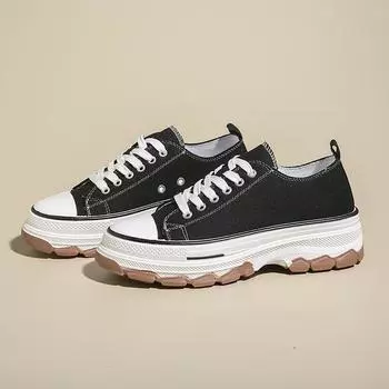 Женская спортивная обувь 2024 года, весна-осень, круглый носок, повседневная обувь на толстой подошве, на шнуровке, парусиновая обувь для бега на открытом воздухе, женская вулканизированная обувь 35 чёрный