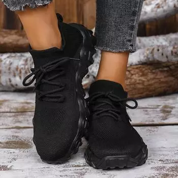 Women s sports shoes with lace up mesh breathable outdoor walking round toe anti slip thick soled tennis shoes 36