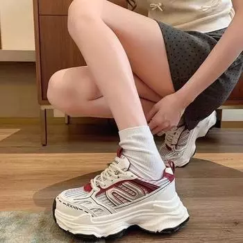 Women s Sports Tennis Shoes Thick Sole Designer Silver New High Heels Sports Shoes Thick Sole Mesh PU Stitching Women s Shoes 35 бежевый