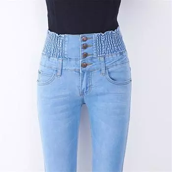 Женские джинсы с высокой талией, весна-осень, большие ярды, однотонные, с хлопковой резинкой, узкие брюки 40