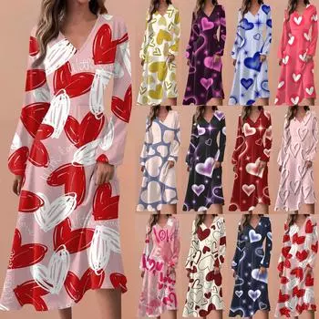 Женские весенне-осенние повседневные модные длинные платья с v-образным вырезом и длинным рукавом с принтом ко Дню святого Валентина L синий