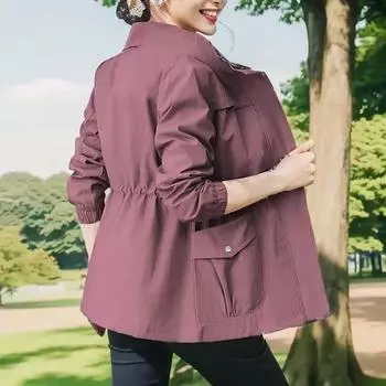 Women s Spring and Autumn Design Double-layer Zipper Collar Waist Thin Trench Coat Solid Color Slim Elegant Jacket XS