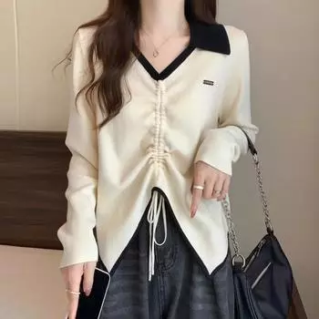 Women s Spring and Autumn Drawstring Irregular Design Short Knit Top 3XL чёрный