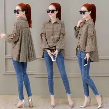 Женская весенне-осенняя модная свободная клетчатая рубашка с длинным рукавом XXXL серый