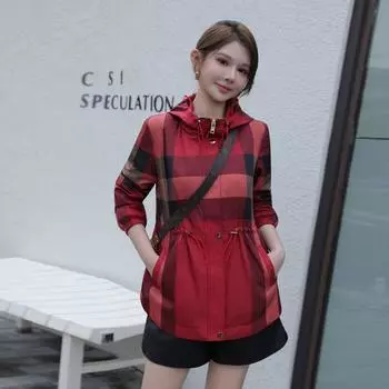 Women s Spring and Autumn Hooded Casual Mid Length Long Length Coat Red XL