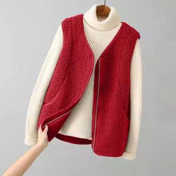 Women s Spring and Autumn Imitation Lamb s Wool Outside Wear Vest Solid Color V-neck Casual Zipper Jacket 4XL красный