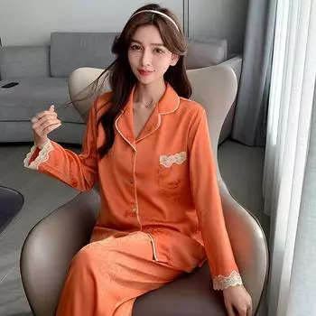Женская кружевная домашняя одежда на весну и осень, женская пижама из 2 предметов с длинными рукавами, летняя домашняя одежда из тонкого ледяного шелка M