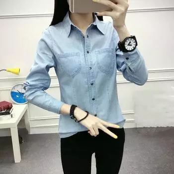 Женская джинсовая рубашка с длинным рукавом на весну и осень, студенческая рубашка в стиле колледжа Wind Design Slim 3XL