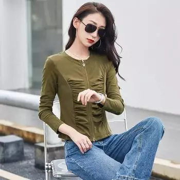 Women s Spring and Autumn Round Neck T-shirt Zipper Cardigan Fashionable and Versatile Pleated High-end Temperament Long-sleeved Top S