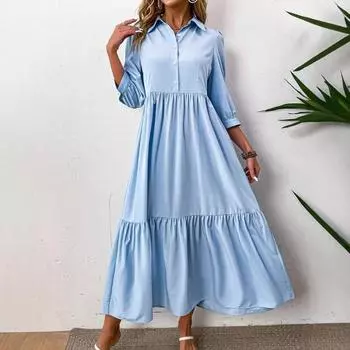 Women s Spring and Autumn Shirt Dress Elegant and Fashionable Casual Lapel Dress with A Large Swing S чёрный