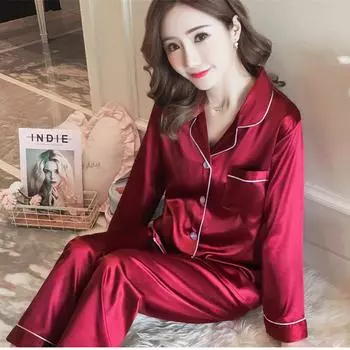 Women s Spring and Autumn Thin Lapel Button Section Long-sleeved Cardigan + Wide-legged Trousers Home Ice Silk Two-piece Set 5XL