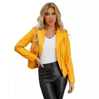 Women s Spring and Autumn Thin Section of The Plus Size Short Section of The Lapel Waist Thin Jacket Solid-coloured Casual PU Biker Clothing Outerwear 4XL
