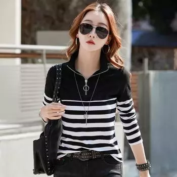 Женский топ с длинным рукавом и V-образным вырезом на весну и осень, цветной полосатый топ с длинным рукавом, низ большого размера с длинным рукавом 3XL