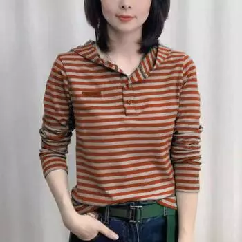 Женская футболка с длинными рукавами и капюшоном на весну и осень, тонкие полосатые литературные ретро-топы 4XL