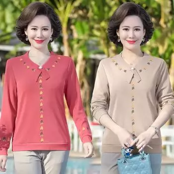 Женская блузка с длинными рукавами на весну и осень, свободная рубашка с V-образным вырезом для людей среднего и пожилого возраста 5XL
